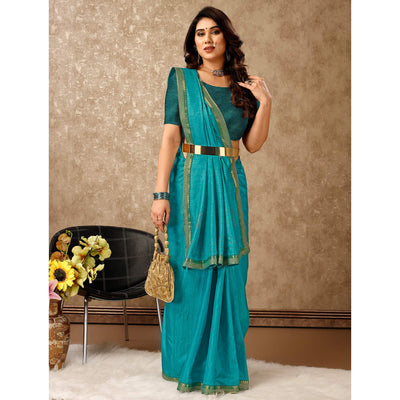 Blue Swarovski Work Vichitra Silk Saree With Lace Border