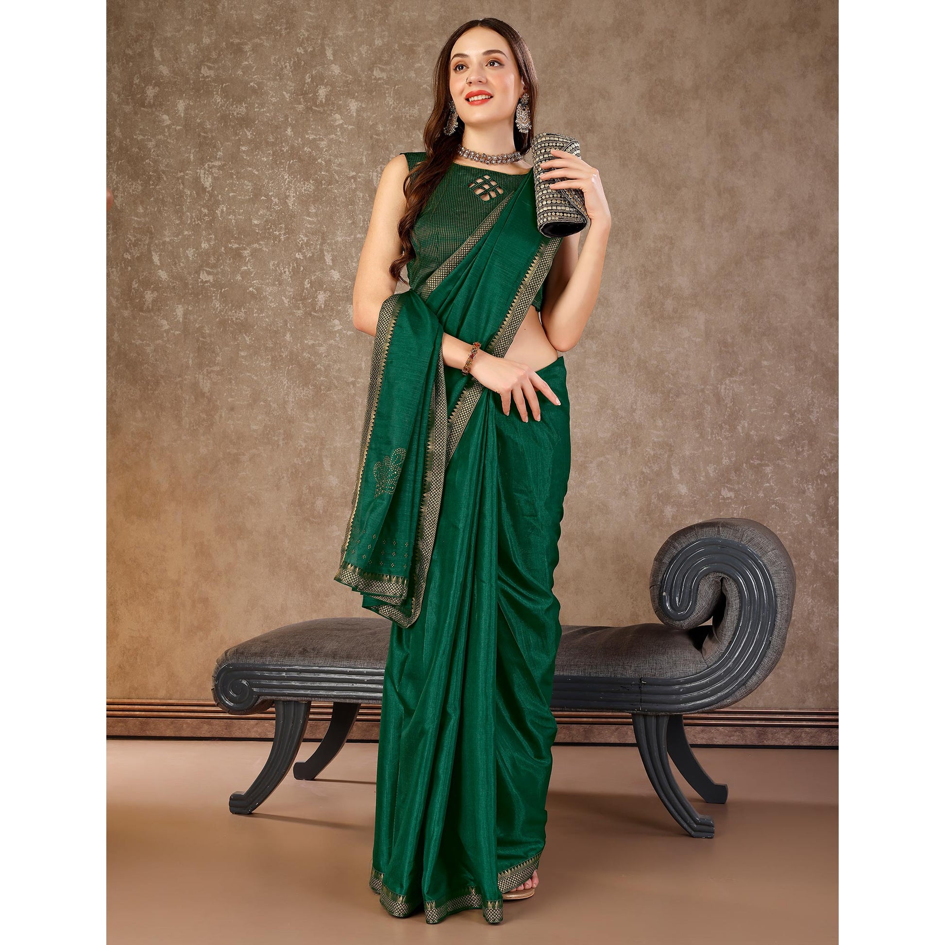 green-swarovski-work-vichitra-silk-saree-with-lace-border