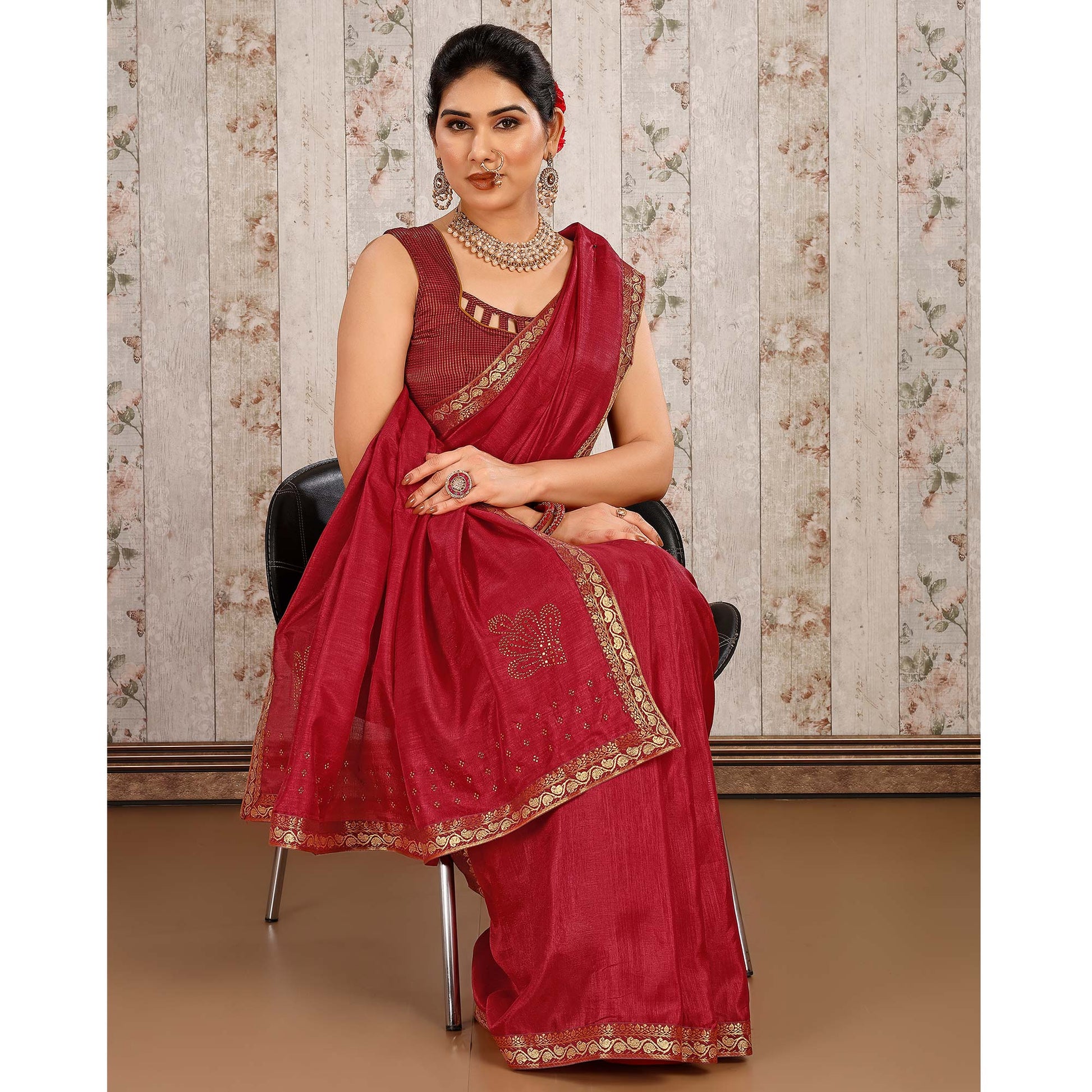 Maroon Swarovski Work Vichitra Silk Saree With Lace Border