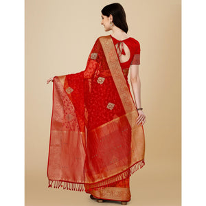 Maroon Floral Embroidered Organza Saree