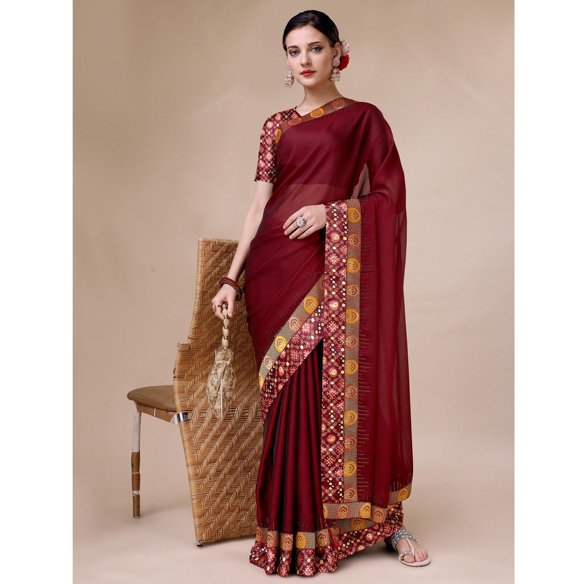Maroon Swarovski With Bandhani Printed Border Art Silk Saree