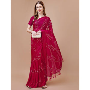 Magenta Bandhani Printed Chiffon Saree With Tassels