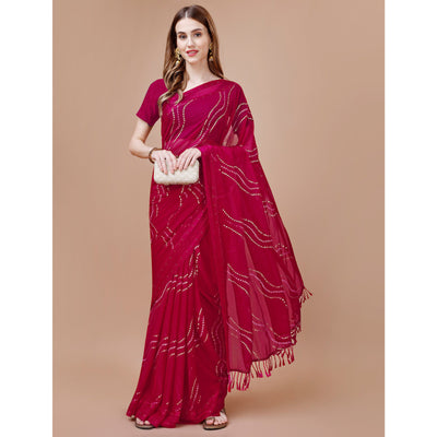 Magenta Bandhani Printed Chiffon Saree With Tassels