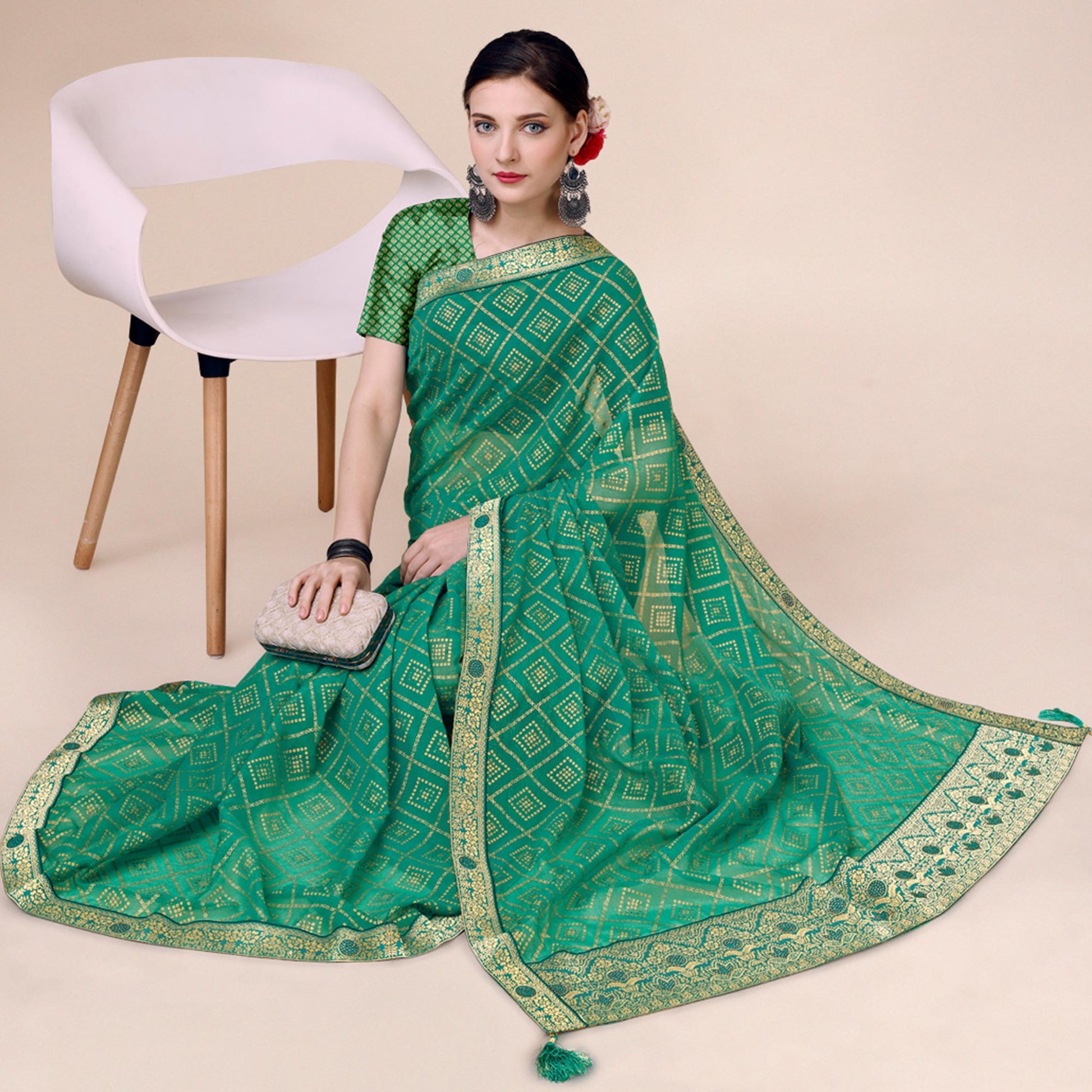 green-bandhani-foil-printed-chiffon-saree-with-tassels