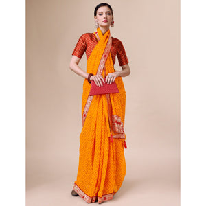 Bright Orange Bandhani Foil Printed Chiffon Saree With Tassels