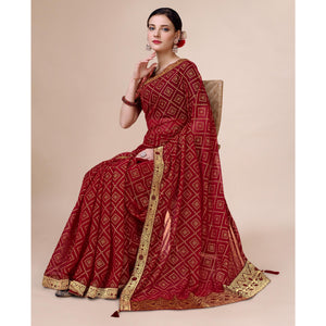 Maroon Bandhani Foil Printed Chiffon Saree With Tassels