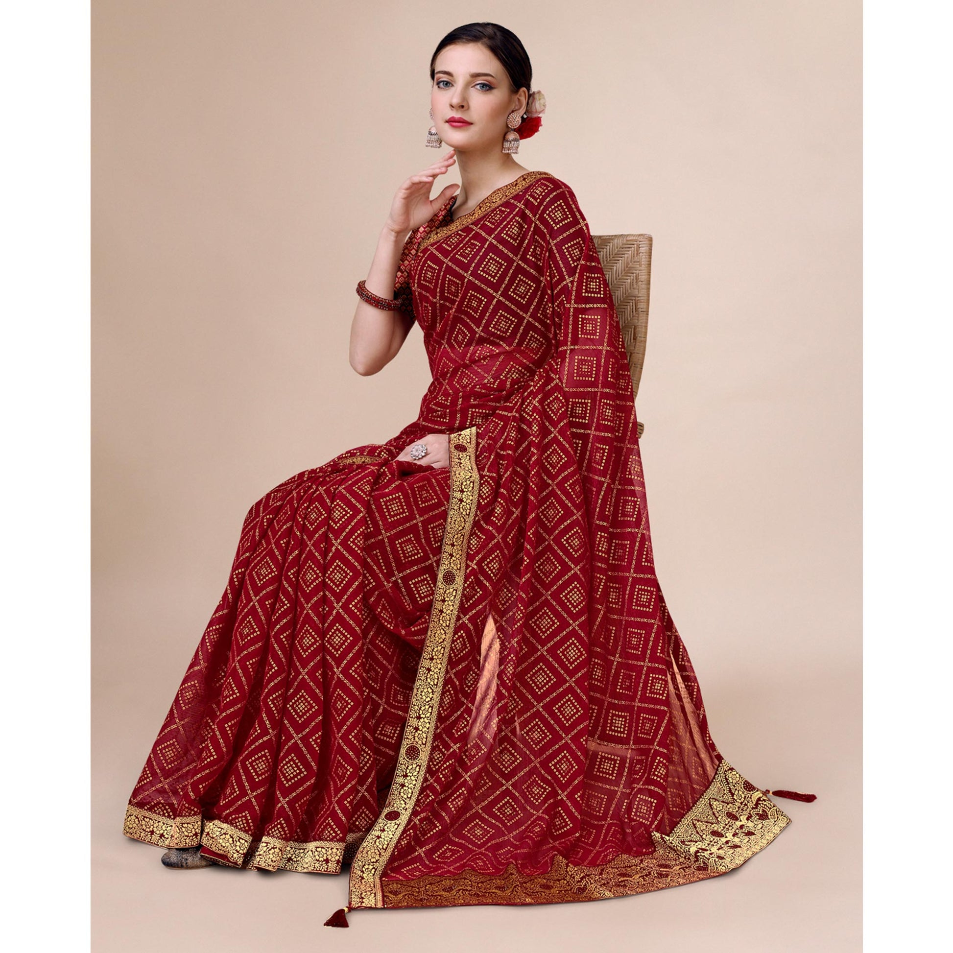 Maroon Bandhani Foil Printed Chiffon Saree With Tassels