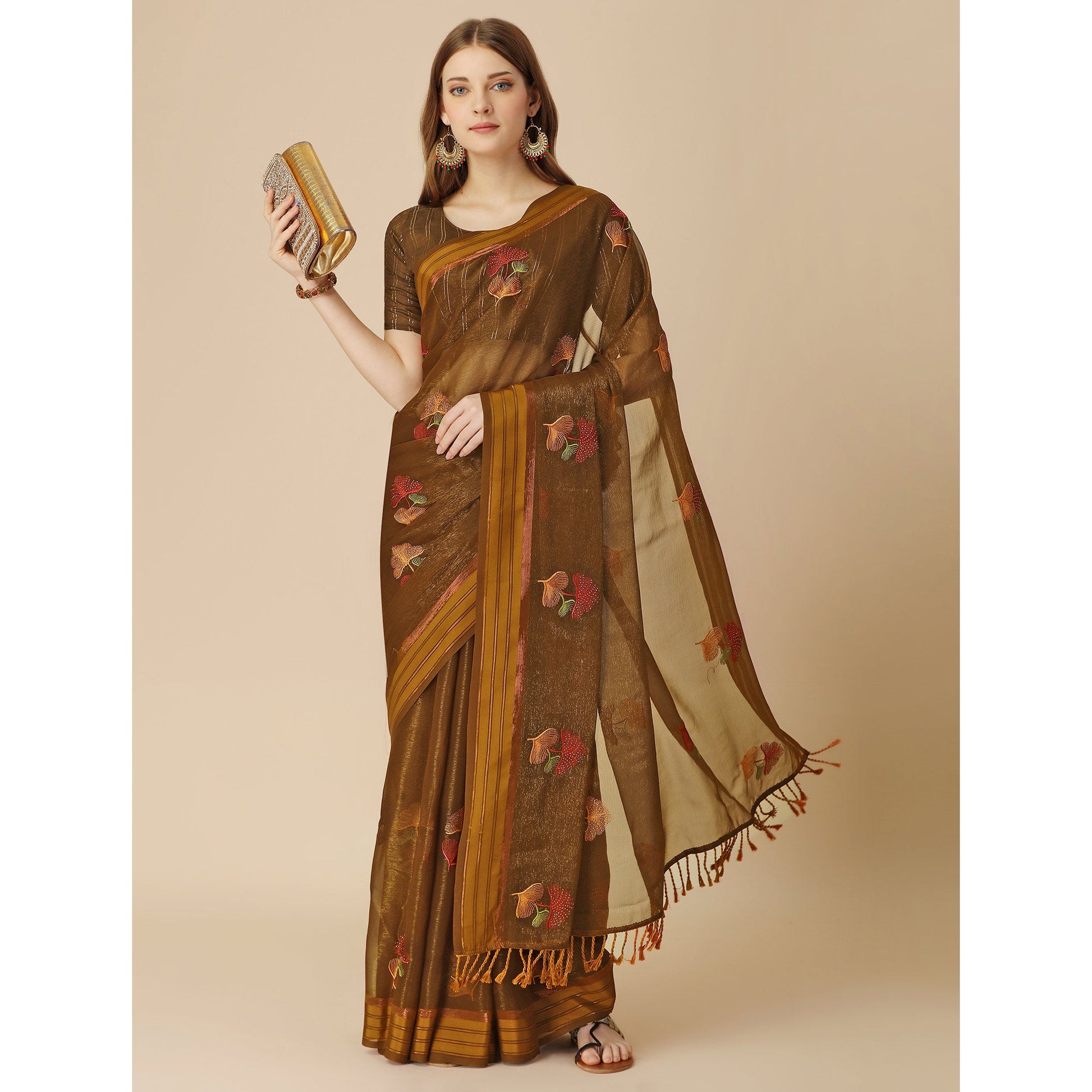 Brown Floral Embroidered Chiffon Saree With With Tassels