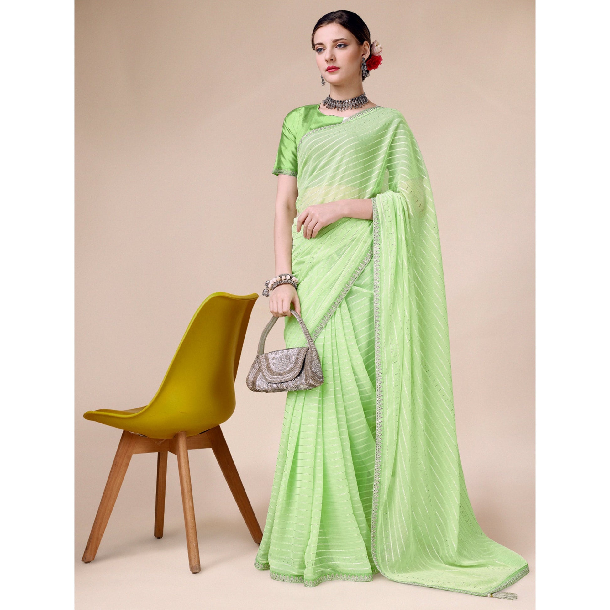 Light Green Zari Striped With Swarovski Work Chiffon Saree