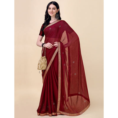 Maroon Swarovski With Sequins Embroidered Chiffon Saree