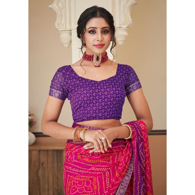 Magenta & Purple Bandhani Printed Chiffon Saree With Lace Border