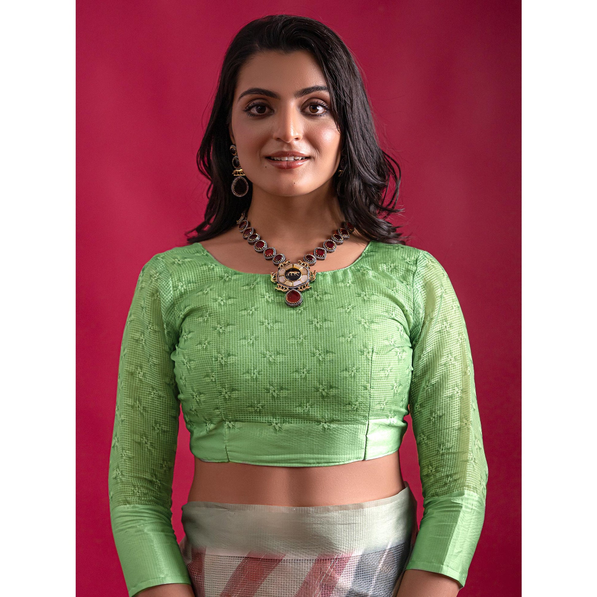 green-floral-digital-printed-linen-saree-with-woven-border