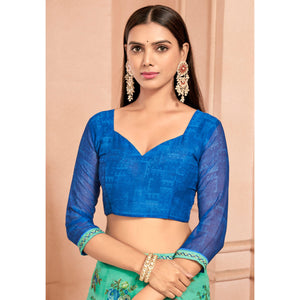 Mint Green Floral Printed Chiffon Saree With Lace Border