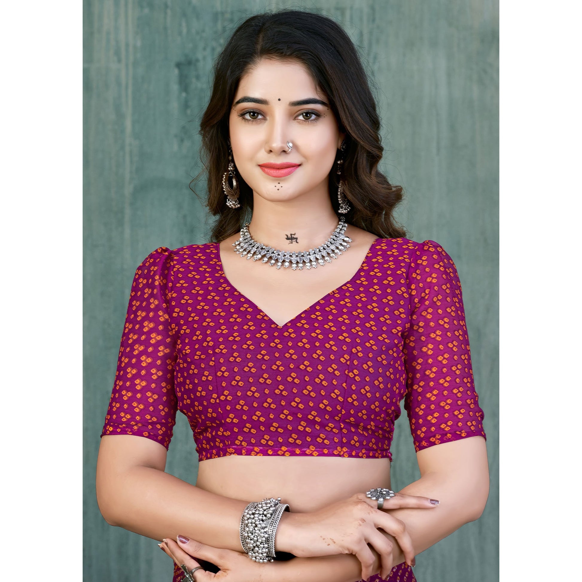 Magenta & Purple Bandhani Printed Chiffon Saree