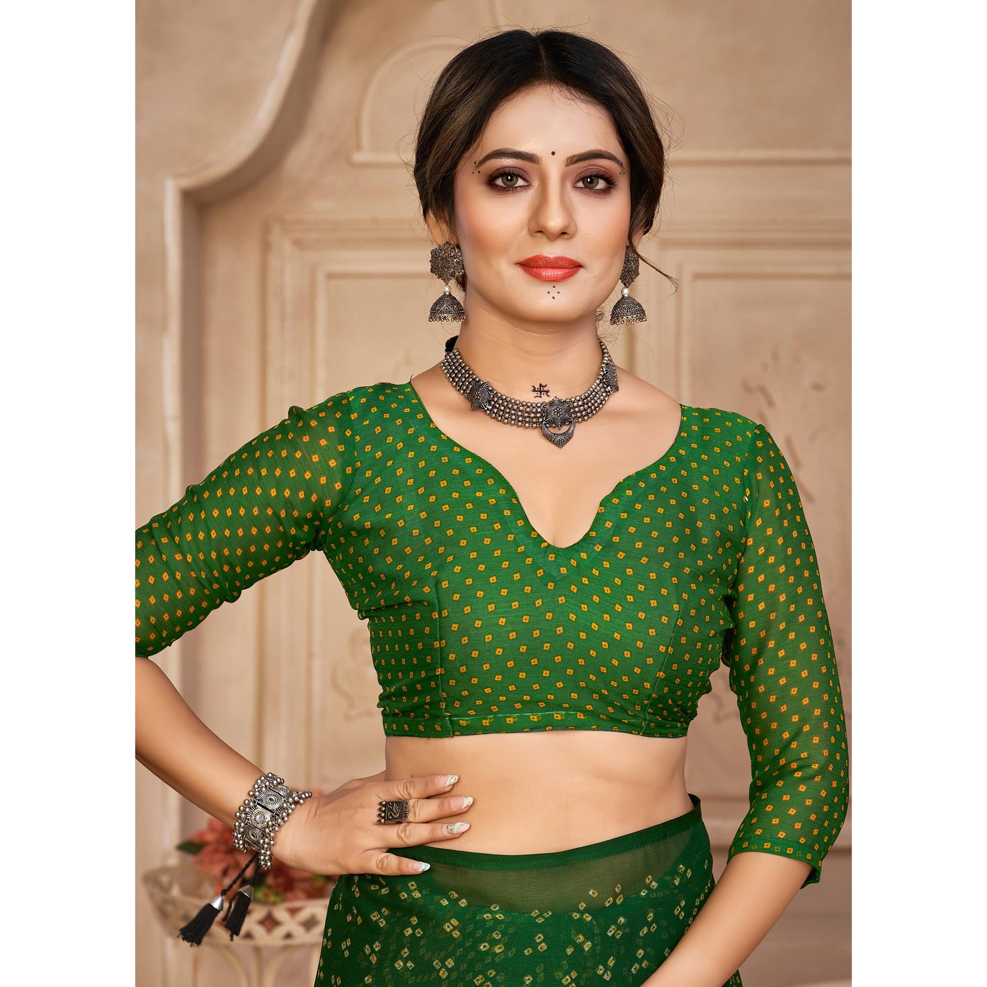 green-bandhani-printed-chiffon-saree-4