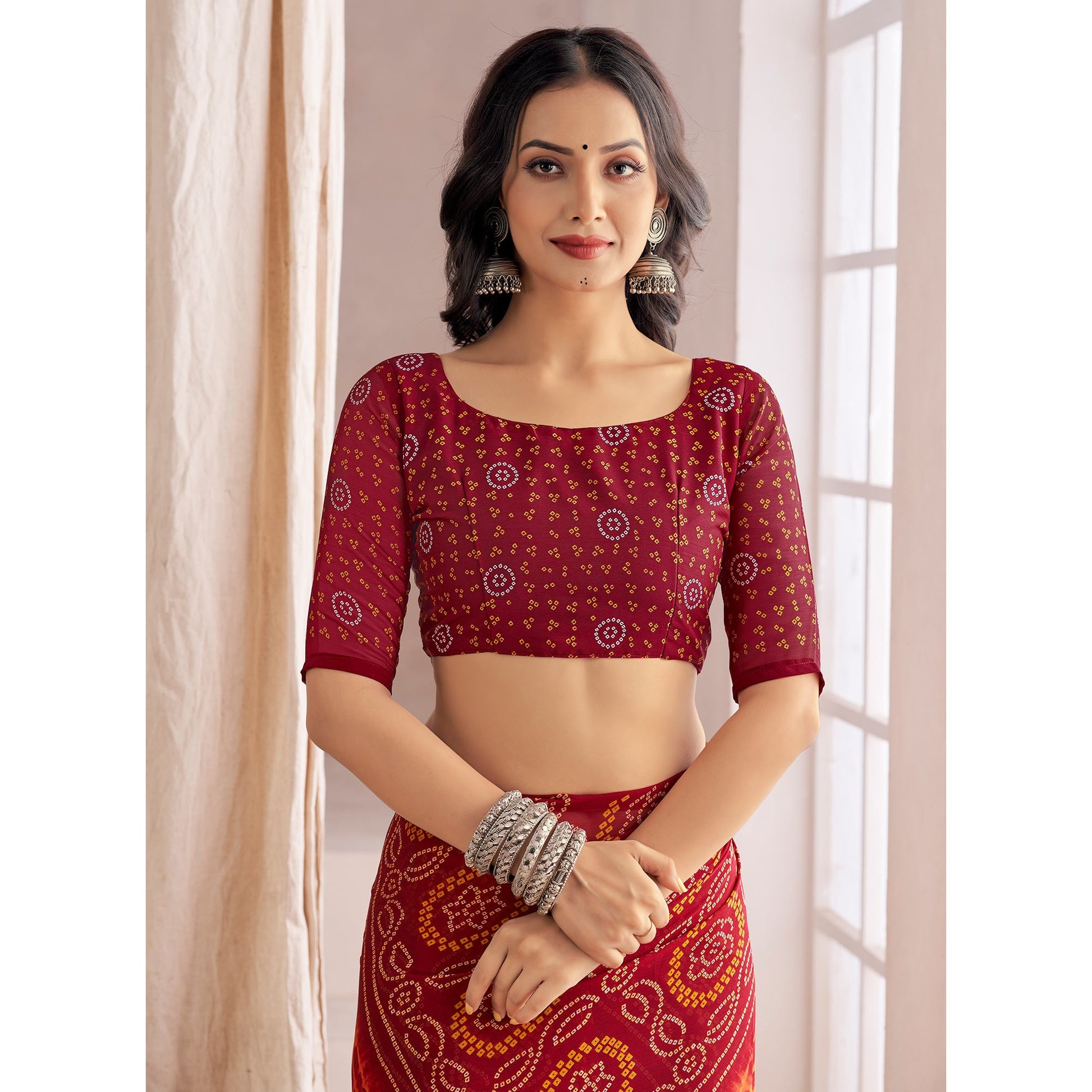 Maroon Bandhani Printed Chiffon Saree