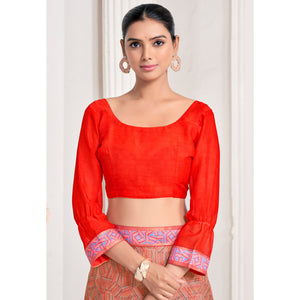 Brick Red Geometric Printed Chiffon Saree With Lace Border