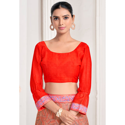 Brick Red Geometric Printed Chiffon Saree With Lace Border