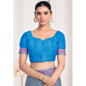 Bluish Grey Geometric Printed Chiffon Saree With Lace Border