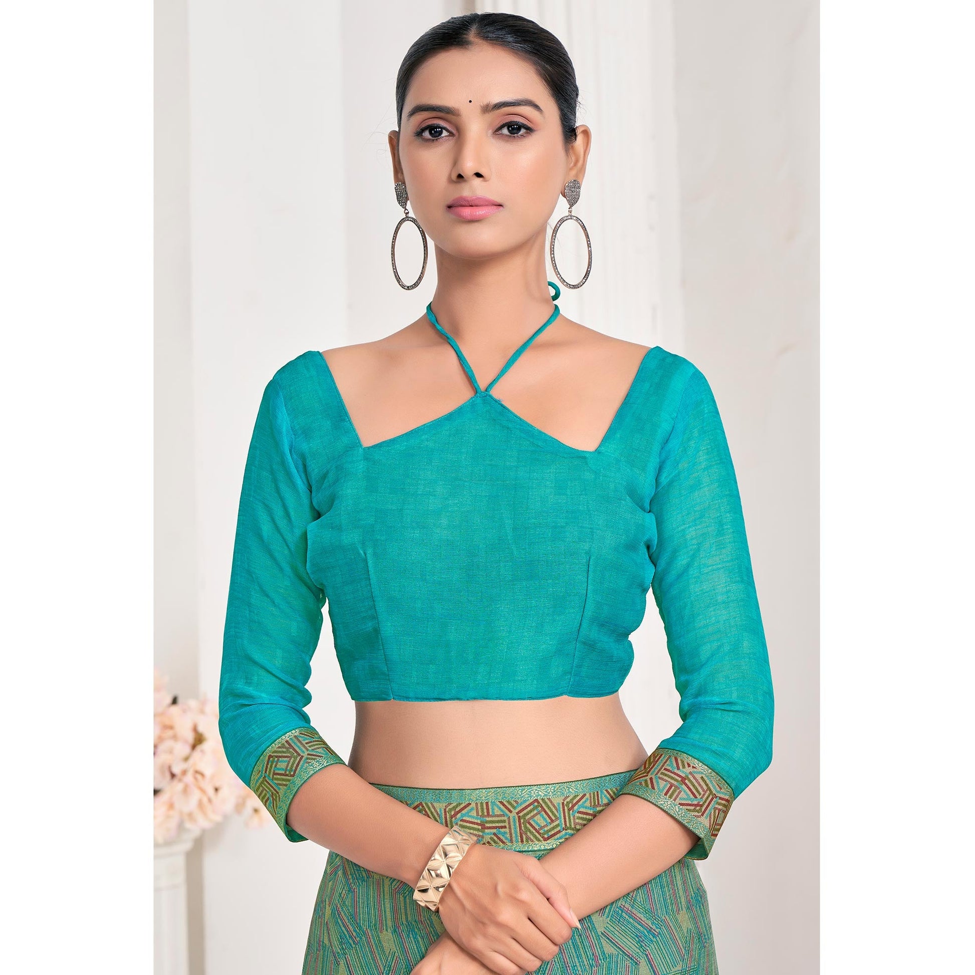 green-geometric-printed-chiffon-saree-with-lace-border-1