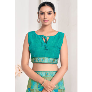 green-geometric-printed-chiffon-saree-with-lace-border-2