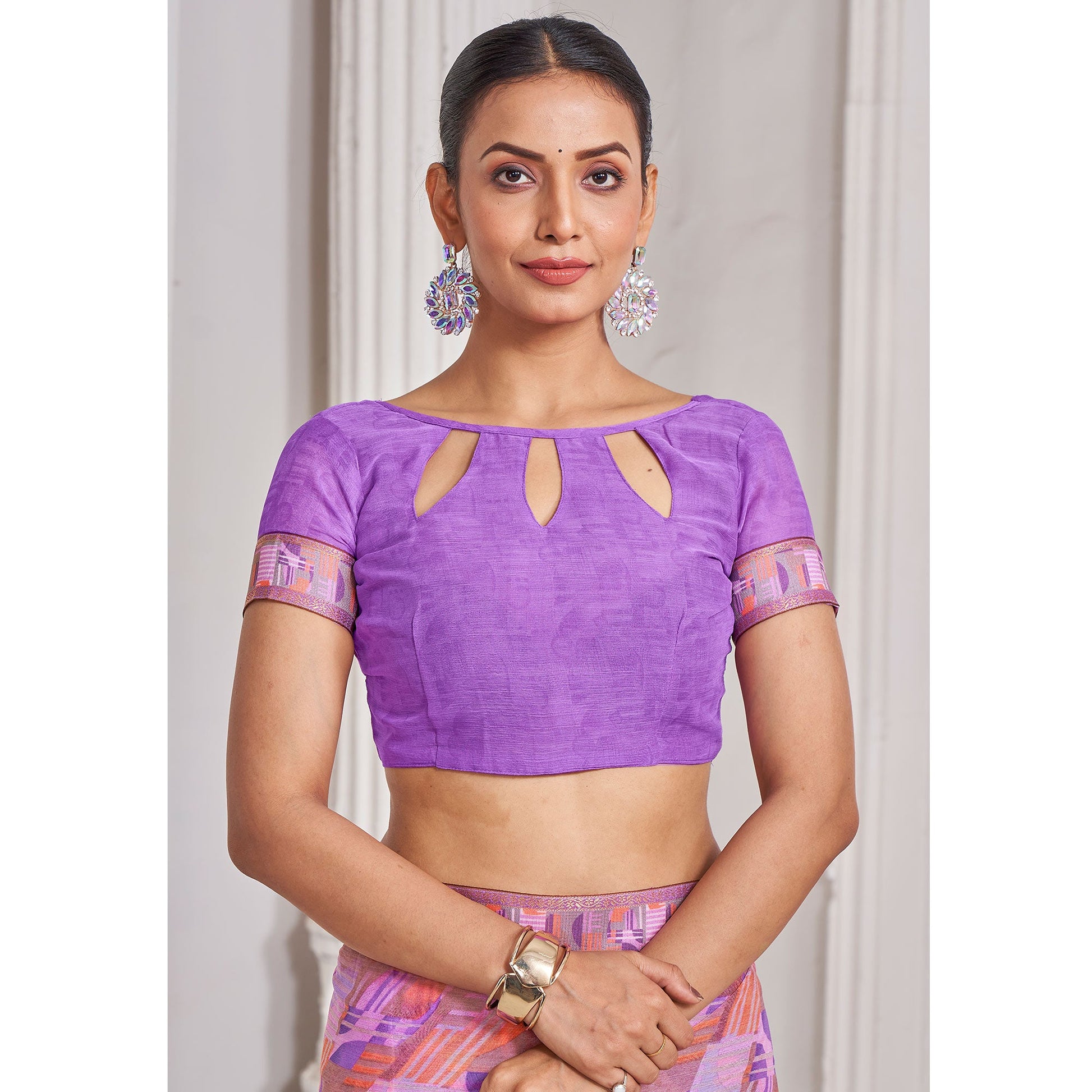 Lavender Geometric Printed Chiffon Saree With Lace Border