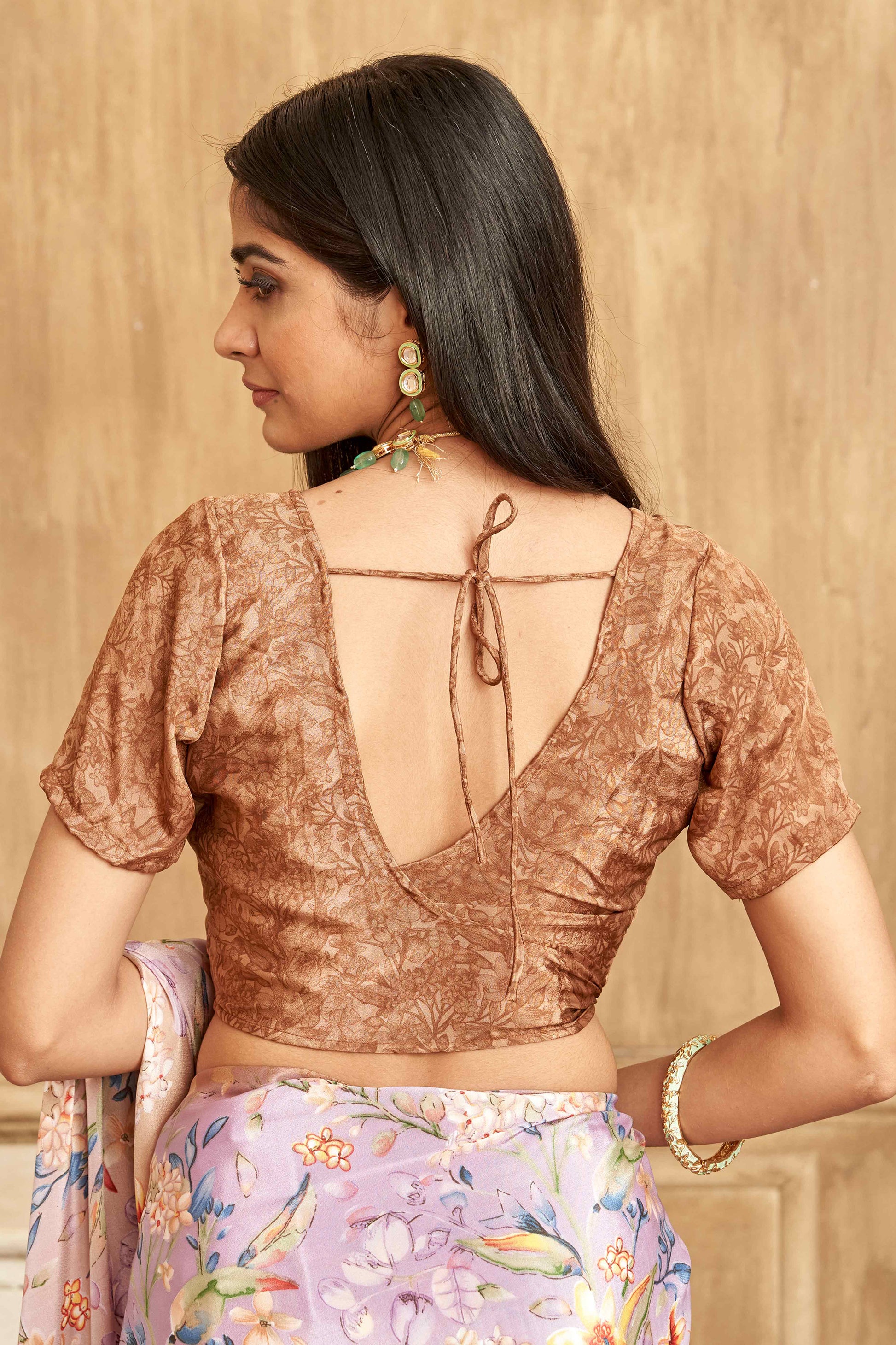 Light Brown Floral Printed Crepe Silk Saree