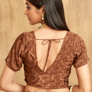 Dark Brown Floral Printed Crepe Silk Saree