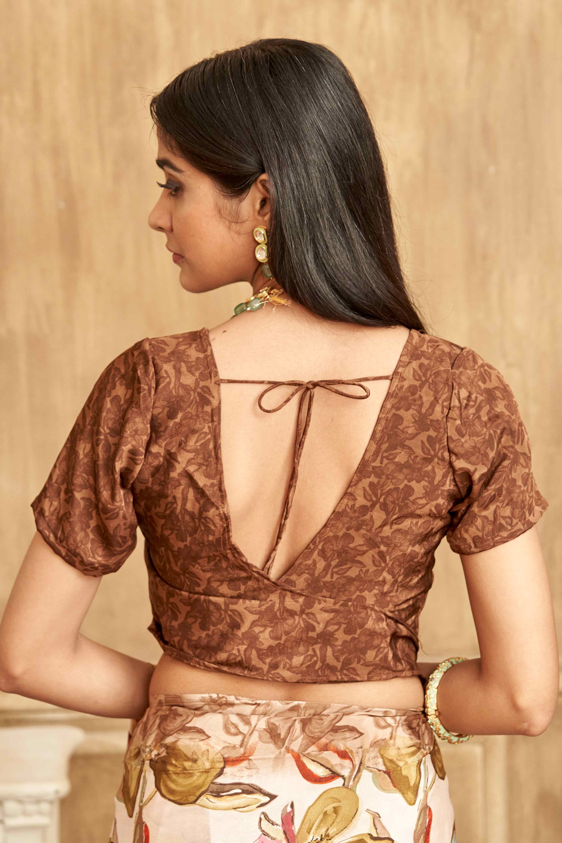 Dark Brown Floral Printed Crepe Silk Saree