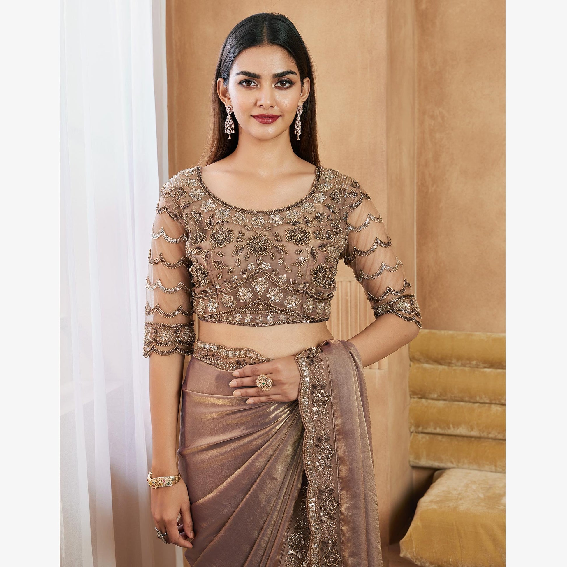 Chikoo Sequins Embroidered Satin Silk Saree