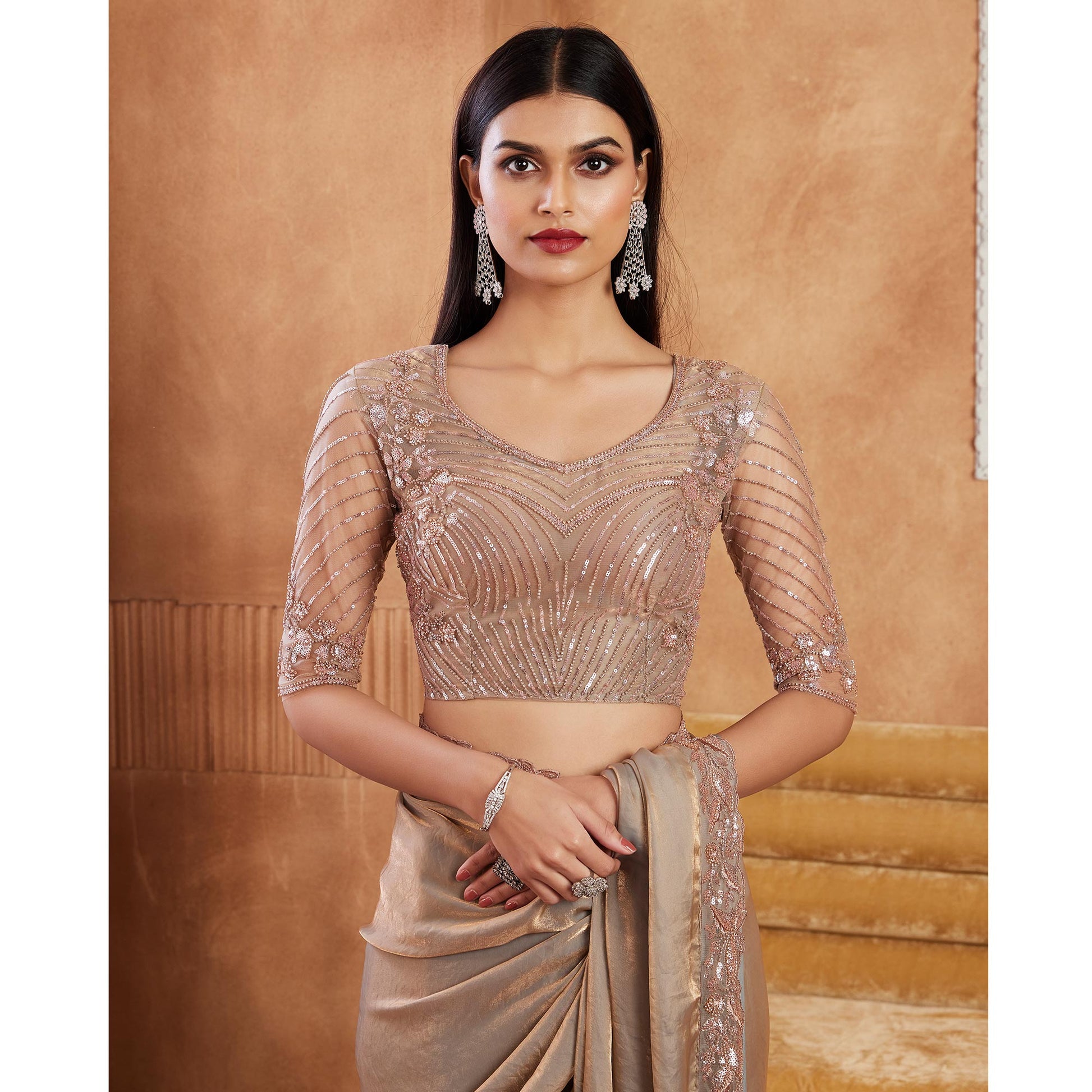 Grey Sequins Embroidered Satin Silk Saree