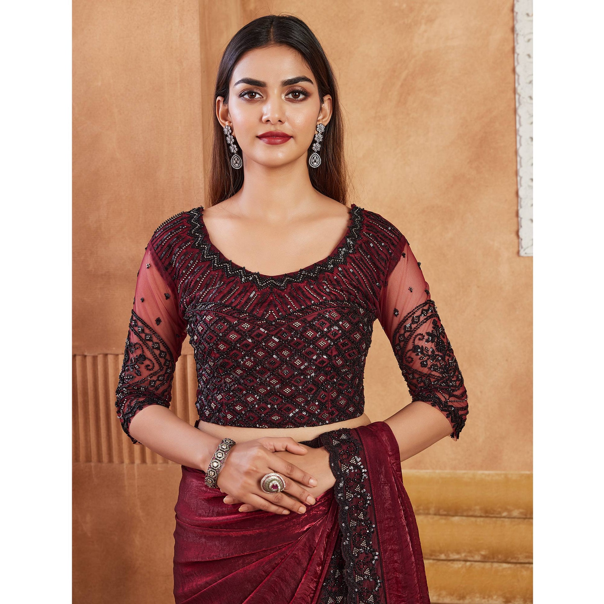 Magenta Sequins Embroidered Satin Silk Saree