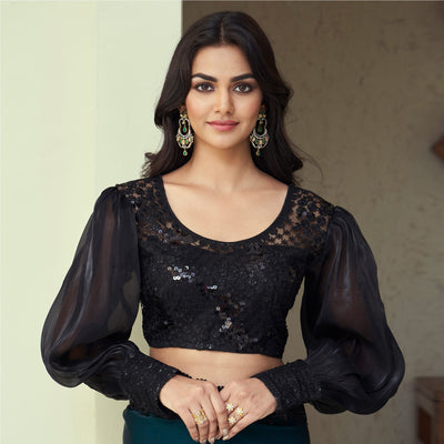 Bottle Green Sequins Embroidered Georgette Saree