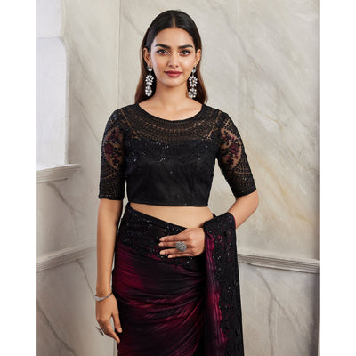 Magenta & Black Floral Sequins Embroidered Georgette Saree