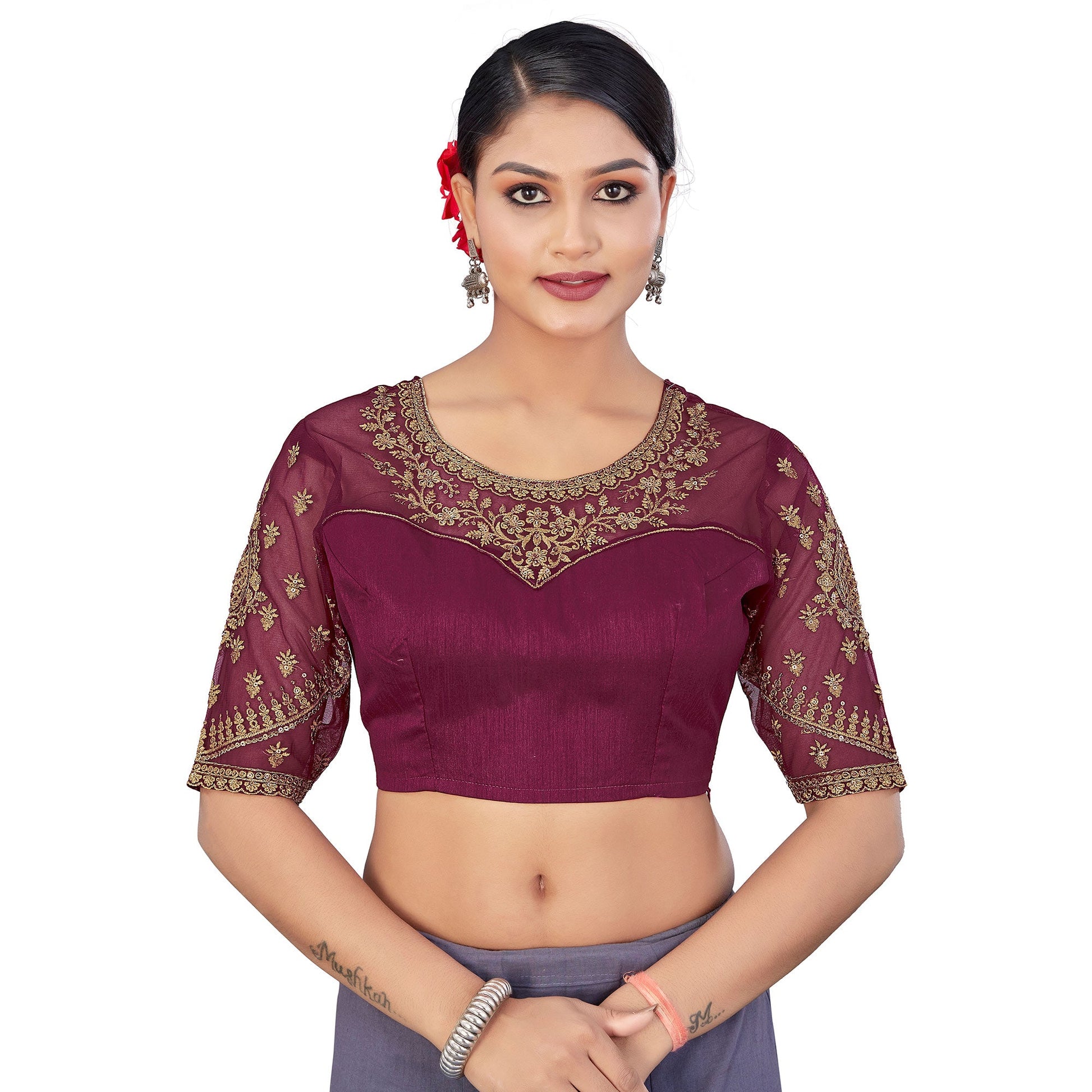 Bottle Green Floral Sequin Embroidered Crepe Saree