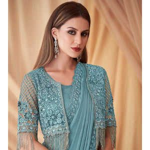 Light Blue Embroidered Satin Saree With Jacket