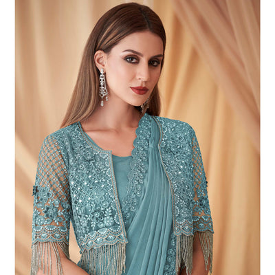 Light Blue Embroidered Satin Saree With Jacket