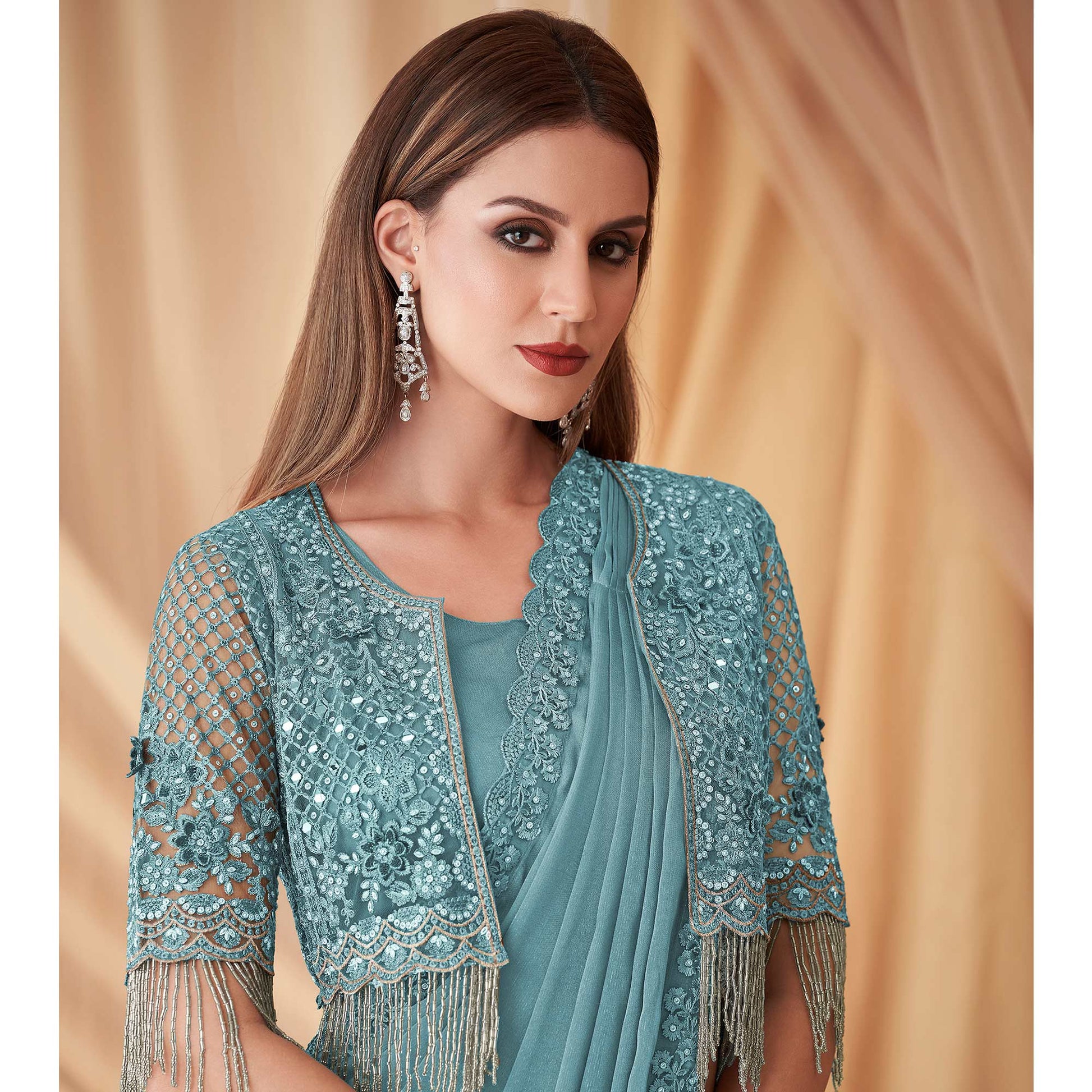 Light Blue Embroidered Satin Saree With Jacket