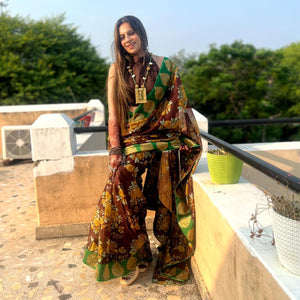 Brown Floral Printed Manipuri Silk Saree