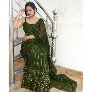 Mehandi Green Sequins Embroidered Georgette Saree