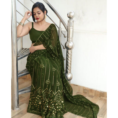 Mehandi Green Sequins Embroidered Georgette Saree