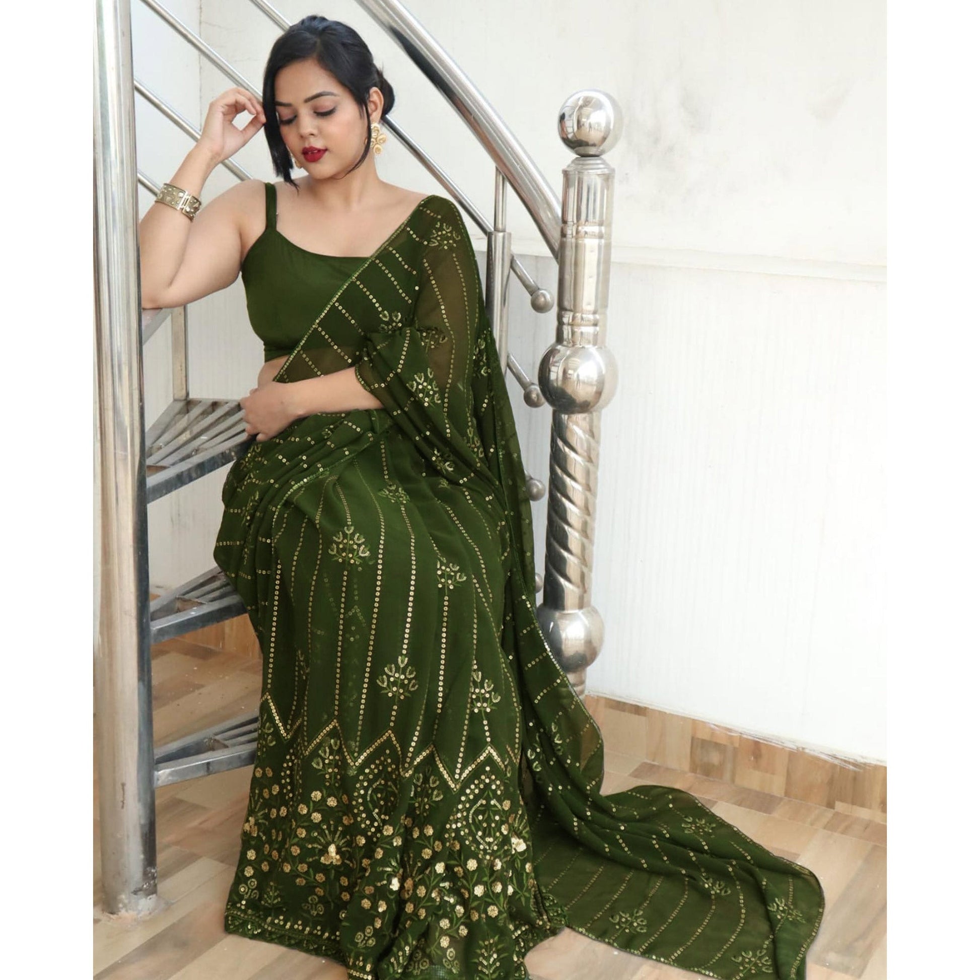 Mehandi Green Sequins Embroidered Georgette Saree