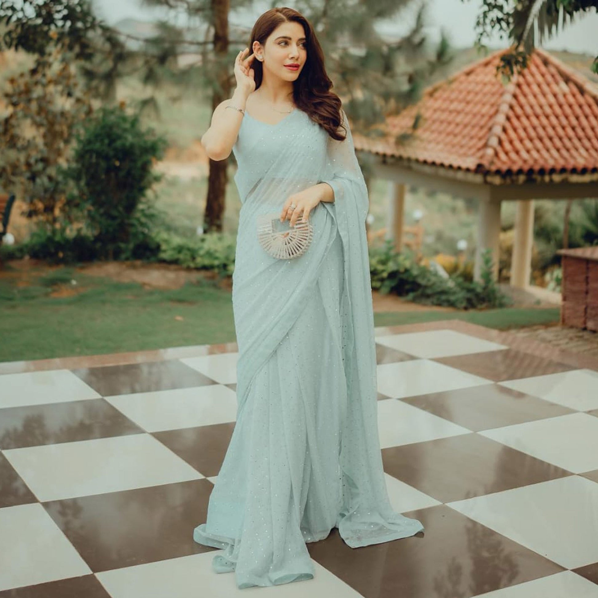 Mint Green Embroidered Georgette Saree