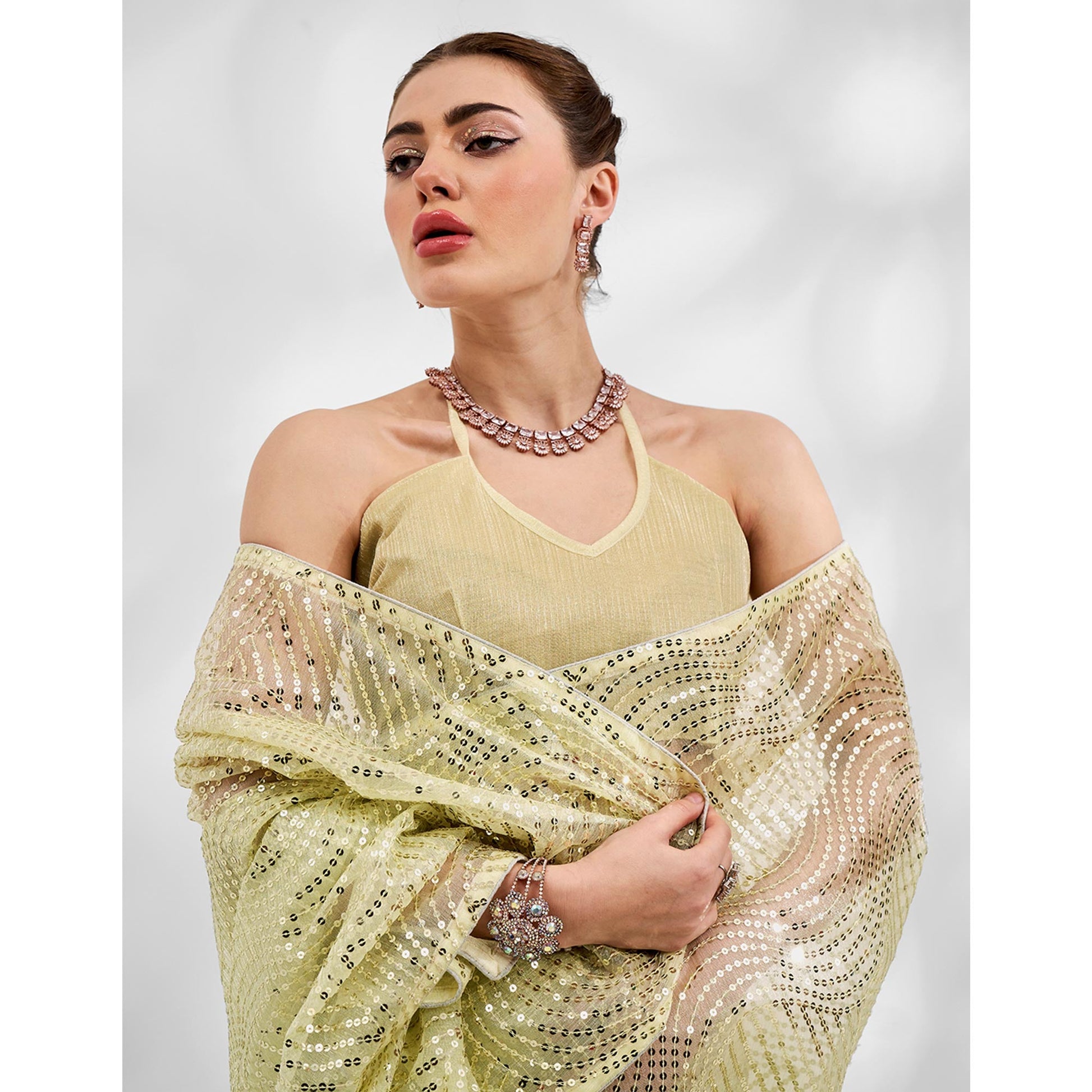 Lemon Yellow Embroidered Sequinned Organza Saree