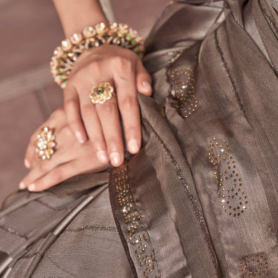 Light Brown Swarovski Work Georgette Saree