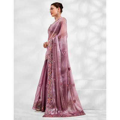 Lavender Floral Embroidered Tissue Saree