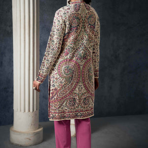 Cream Paisley Weaving Woolen Front Slit Top Bottom Set with Jacket