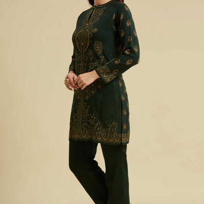 Bottle Green Woven Woolen Straight Top Bottom Set