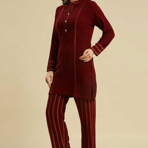 Maroon Woven Woolen Straight Top Bottom Set