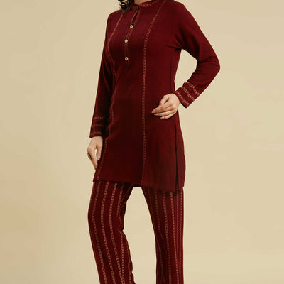 Maroon Woven Woolen Straight Top Bottom Set